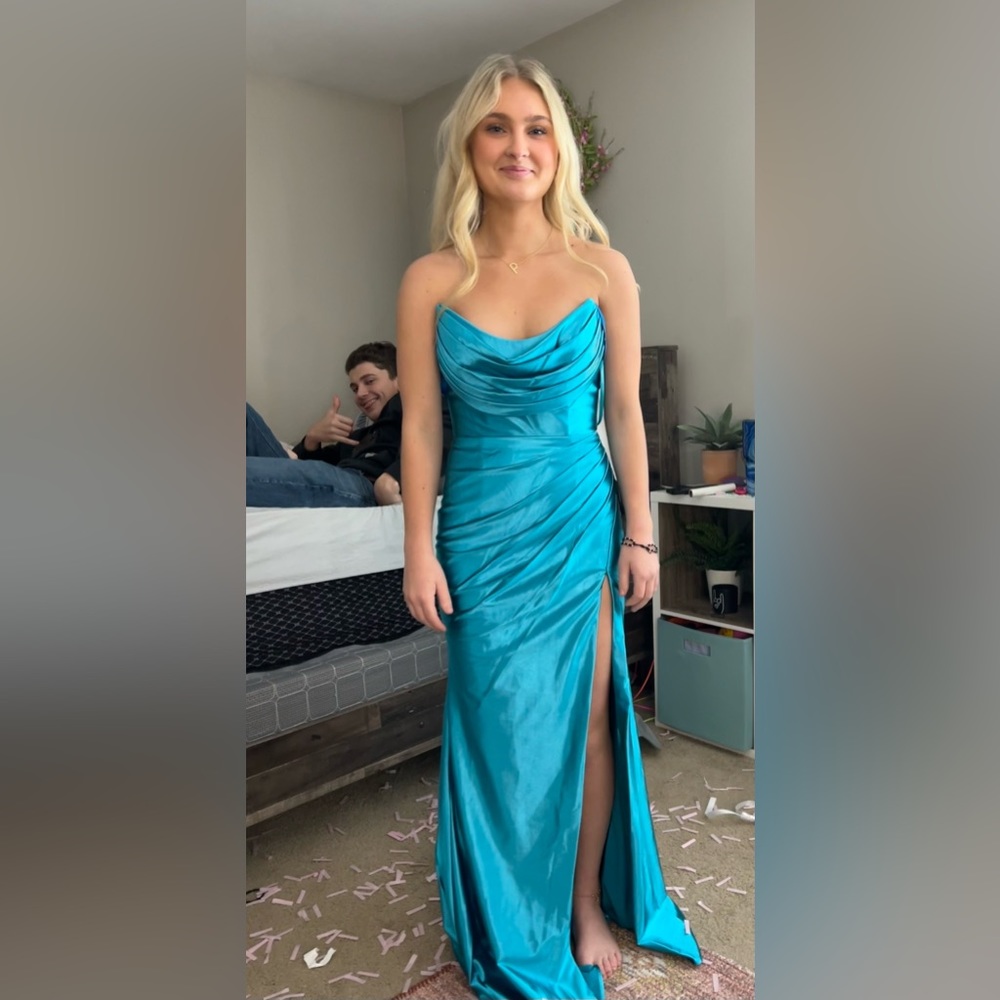 DDMINE long satin ocean blue dress. Size Small. NEW, never worn just tried on.